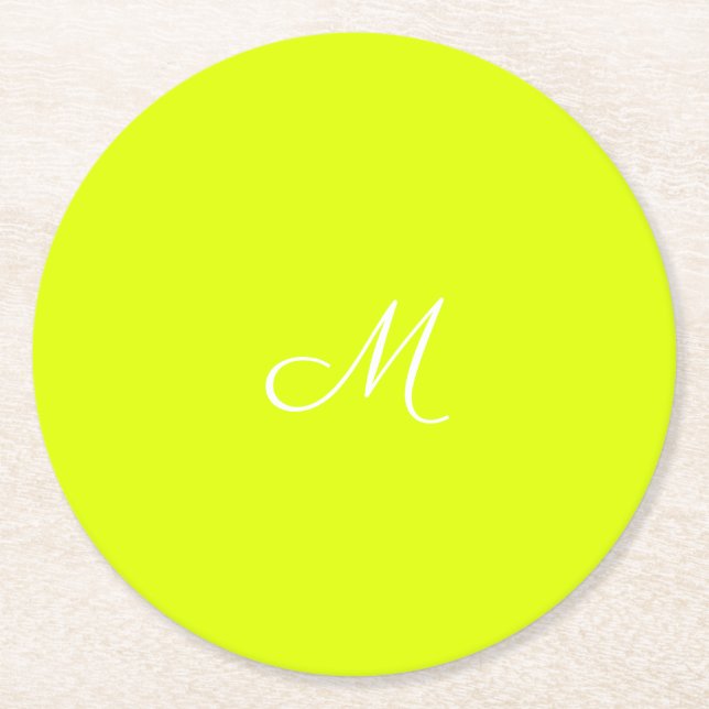Chartreuse yellow -  monogrammed     round paper coaster (Front)
