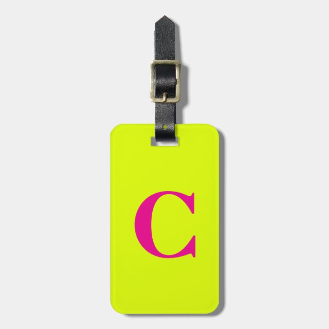 Chartreuse Yellow Pink Monogram Initials Letter Luggage Tag (Front Vertical)