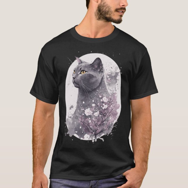 Chartreux Cat Japanese Cherry Blossom Floral Sakur T-Shirt (Front)