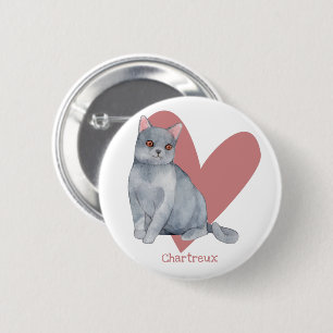 Chartreux Cat Watercolor Kitty Pink Heart Button