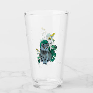 Chartreux Cat with Yellow Flower Glass