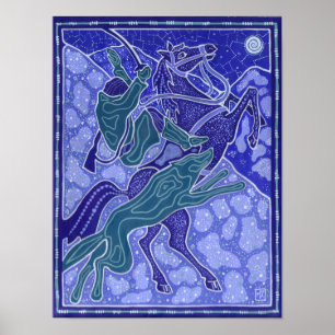 Chase, Man Horse Riding Wolf Animals Illustration Poster