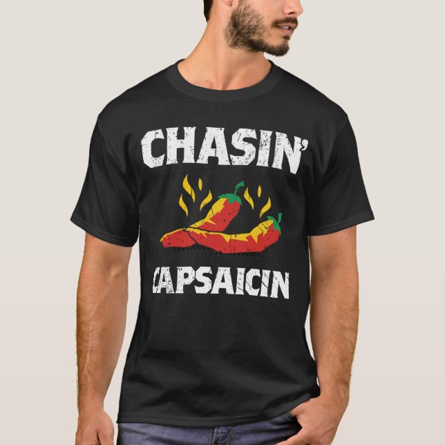 Chasin' Capsaicin Funny Hot Spicy Pepper Sauce Gif T-Shirt (Front)