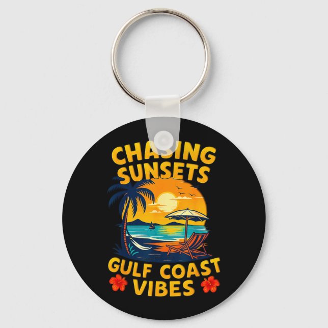 Chasing Sunsets Gulf Coast Vibes Retro Beach Key Ring (Front)