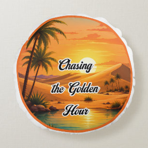 Chasing the Golden Hour Sunset Oasis Aesthetic Round Cushion