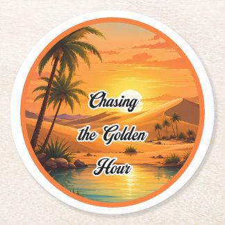 Chasing the Golden Hour Sunset Oasis Aesthetic Round Paper Coaster
