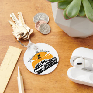 Chasing the Horizon Vintage Muscle Car Sunset Key Ring