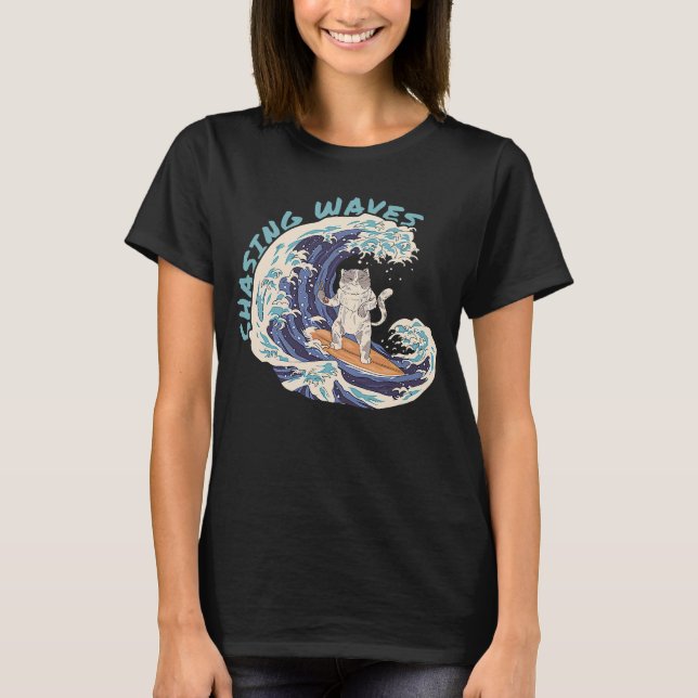 Chasing Waves Surfing Cat  Cool Surfer Beach T-Shirt (Front)