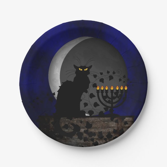 Chat Noir Chanukah with Menorah Paper Plate (Front)