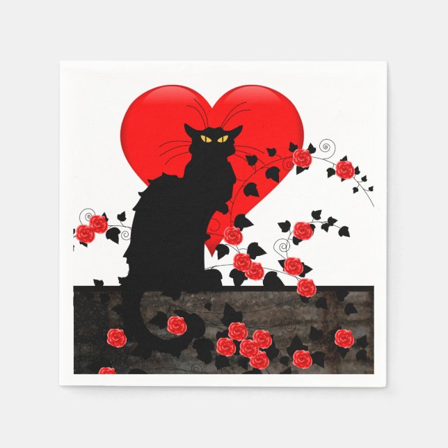 Chat Noir with Red Roses Napkin (Front)