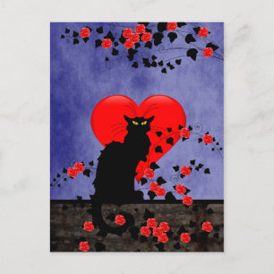 Chat Noir with Red Roses Postcard