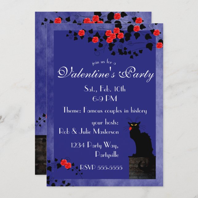 Chat Noir with Red Roses Valentine's Day Invitation (Front/Back)