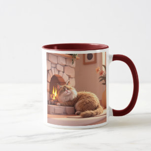 Chat relaxed by the stone fireplace. mug