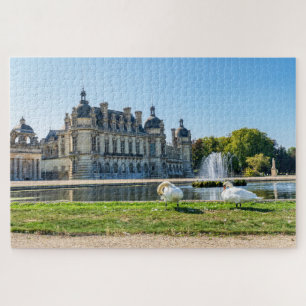 Chateau de Chantilly, fountain and two swans Jigsaw Puzzle
