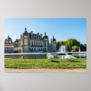 Chateau de Chantilly, fountain and two swans Poster