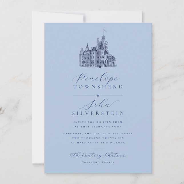 Chateau Illustration Script French Blue Wedding Invitation (Front)