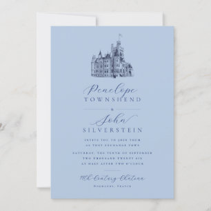 Chateau Illustration Script French Blue Wedding Invitation