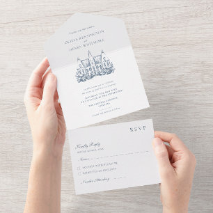 Chateau Venue Sketch Minimalist Wedding All In One Invitation