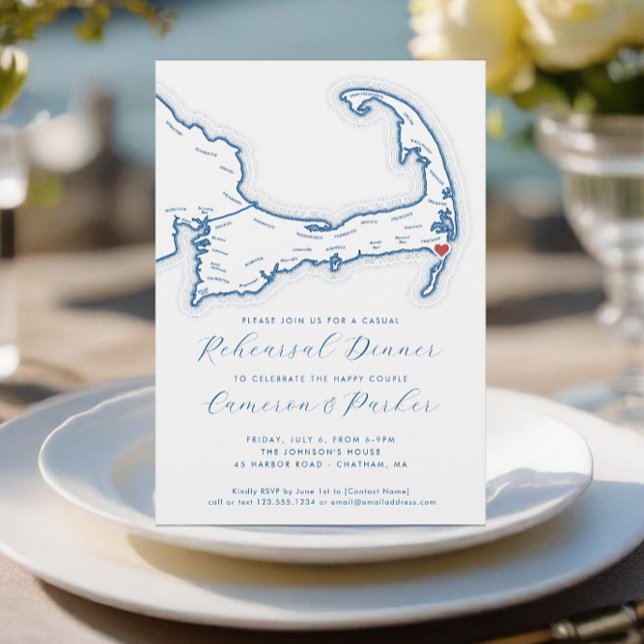 Chatham MA Casual Wedding Rehearsal Dinner Invitation (Chatham MA Casual Cape Cod Wedding Rehearsal Dinner Invitation in Navy Blue from Coastal Map Designs)