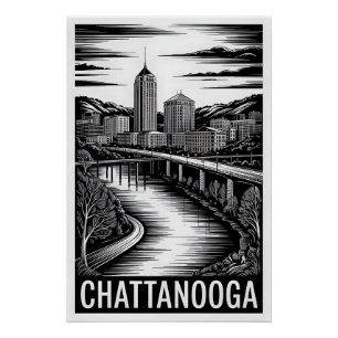 Chattanooga Tennessee Skyline Black White Woodcut Poster