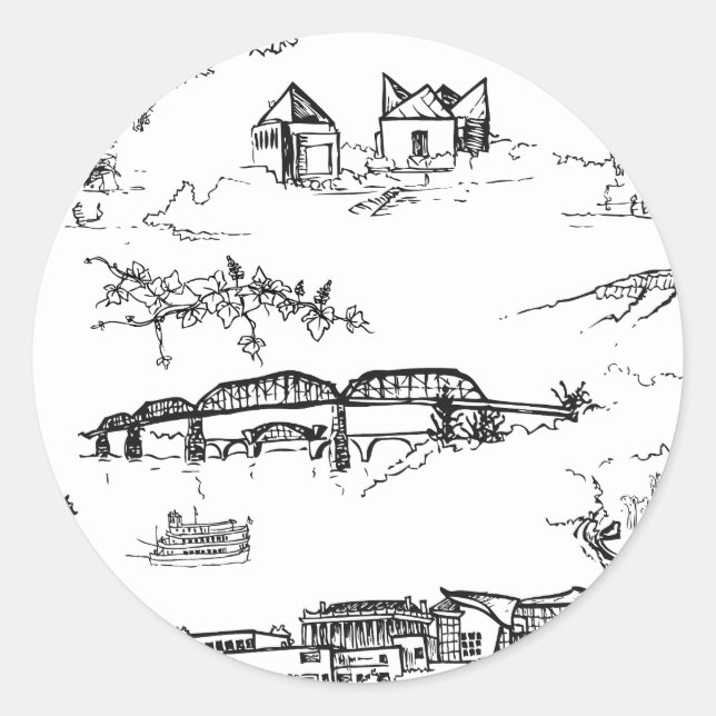 Chattanooga Toile Black and White Classic Round Sticker (Front)