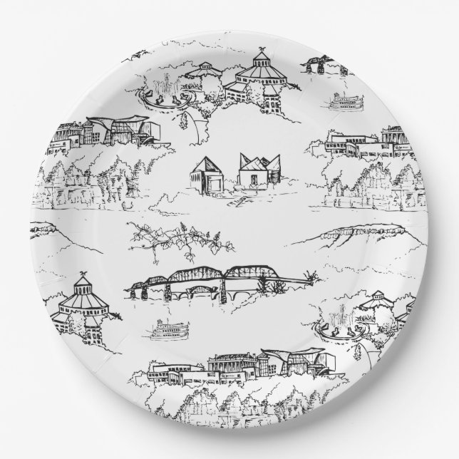 Chattanooga Toile Black and White Paper Plate (Front)