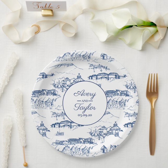 Chattanooga Toile Navy and White Bridal Shower Paper Plate (Wedding)