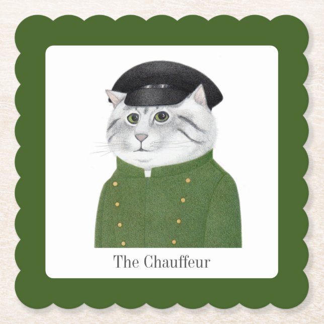 CHAUFFER CAT Scalloped Square Paper Coaster + Text (Front)