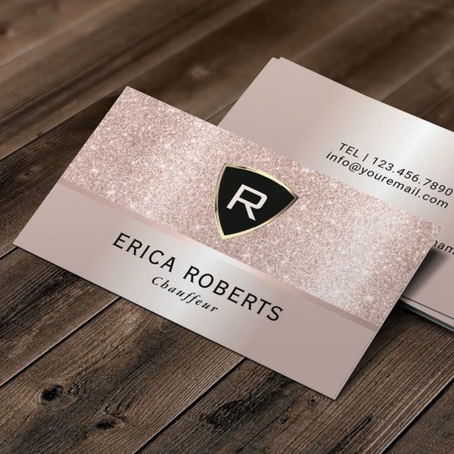 Chauffeur Luxury Monogram Blush Rose Gold Glitter Business Card (Creator Uploaded)