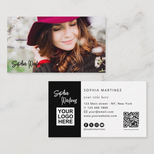 Chc Minimalist add Photo & QR Code Logo Business Card (Front/Back)