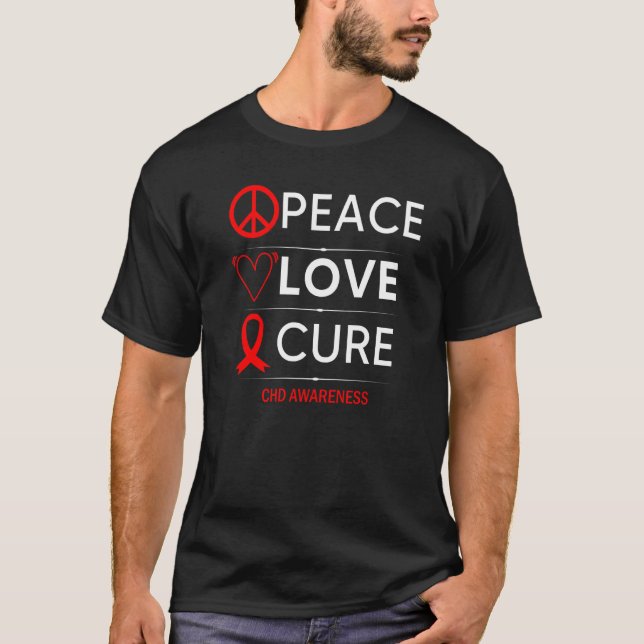 Chd Awareness Peace Love Cure Heart Defect Red Rib T-Shirt (Front)