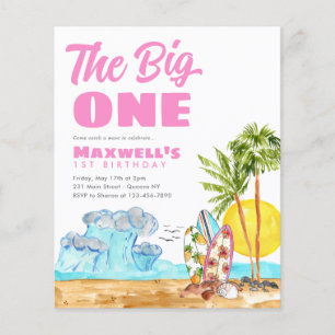 Cheap Big One Pink Girl Beach 1st Surfing Birthday Flyer