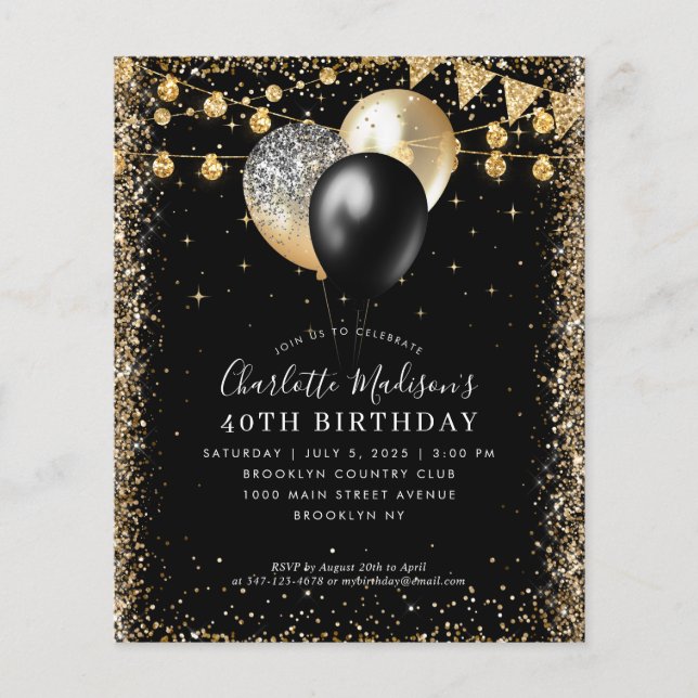 Cheap Black Gold Glitter Lights Balloon Birthday Flyer (Front)