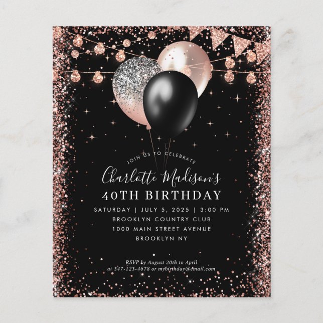 Cheap Black Pink Rose Gold Balloon Lights Birthday Flyer (Front)