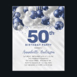 Cheap Blue Silver Balloon Glitter 50th Birthday Flyer<br><div class="desc">Modern Glam Navy Blue Silver Balloon Glitter Sparkle Any Age Birthday Invitation</div>
