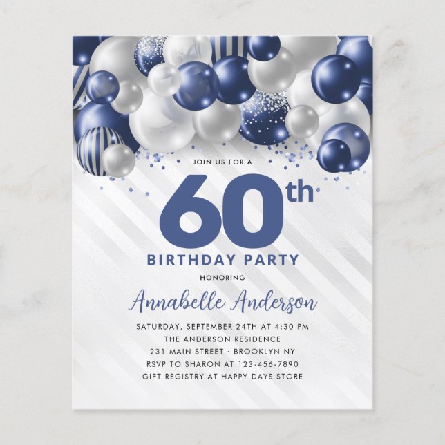 Cheap Blue Silver Balloon Glitter 60th Birthday Flyer (Front)