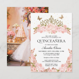 Cheap Blush Pink Floral Tiara Photo Quinceanera Card