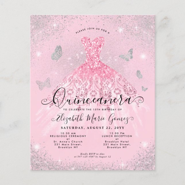 Cheap Blush Pink Silver Gown Quinceanera Invite Flyer (Front)