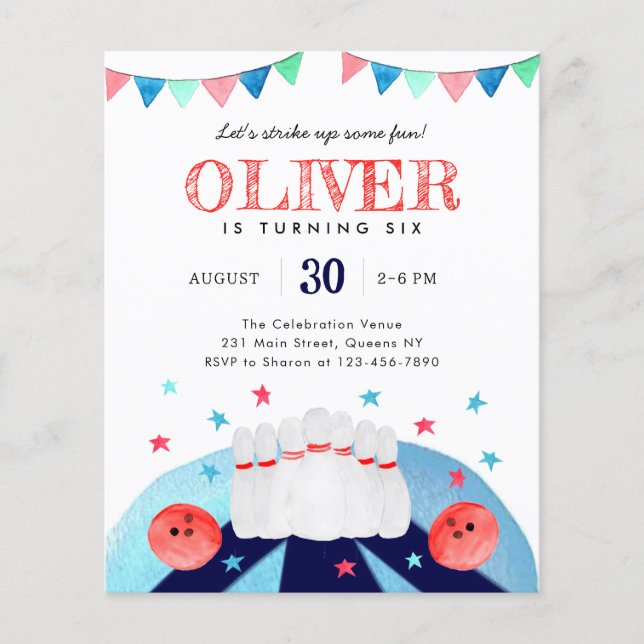 Cheap Bowling Birthday Party Strike Up Some Fun Flyer (Front)