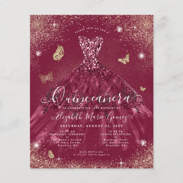 Cheap Burgundy Red Gold Gown Quinceanera Invite Flyer (Front)