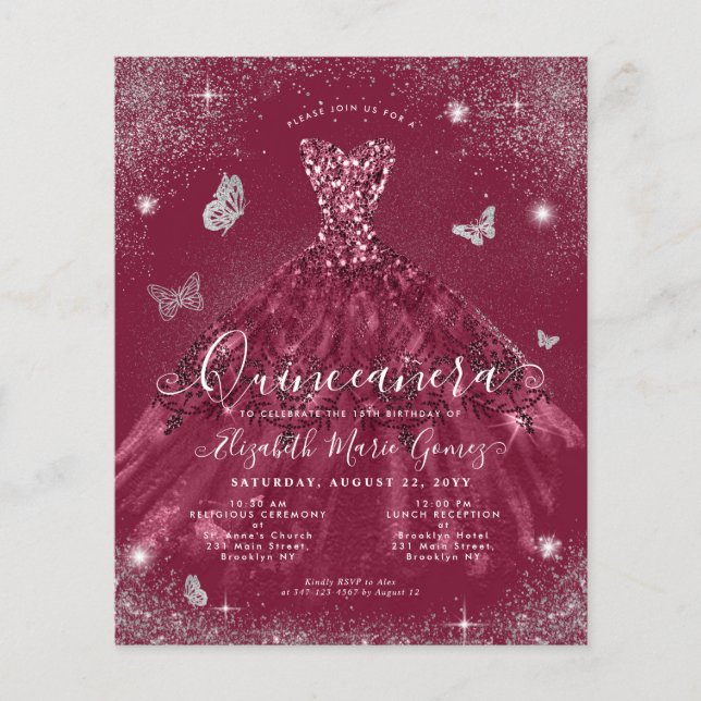 Cheap Burgundy Red Silver Gown Quinceanera Invite Flyer (Front)