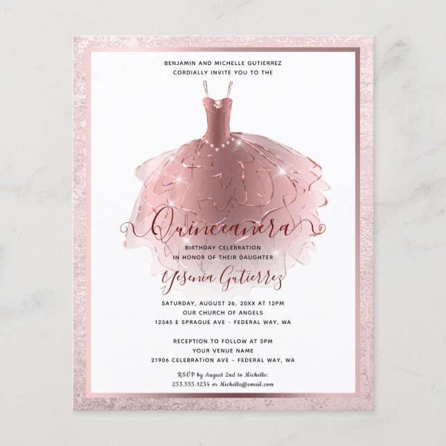 Cheap Elegant Rose Gold Quinceañera Dress Invite Flyer (Front)