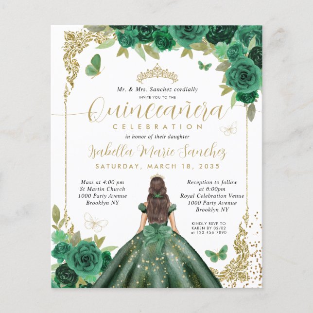 Cheap Emerald Green Gold Princess Quinceañera Flyer (Front)