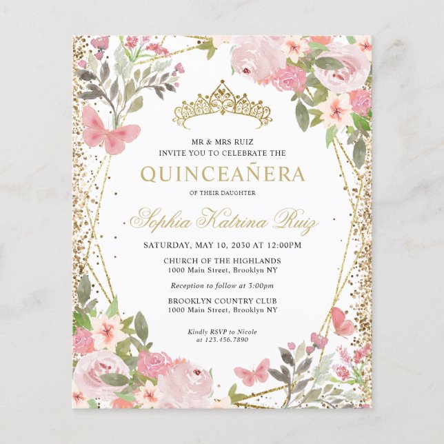 Cheap Floral Blush Gold Tiara Quinceañera Invite Flyer (Front)