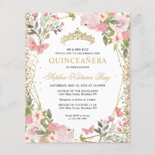 Cheap Floral Blush Gold Tiara Quinceañera Invite Flyer