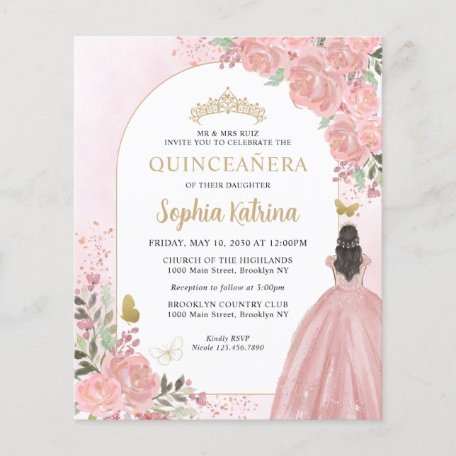 Cheap Floral Blush Pink Gold Princess Quinceanera Flyer (Front)