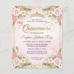 Cheap Floral Blush Pink Gold Tiara Quinceañera Flyer