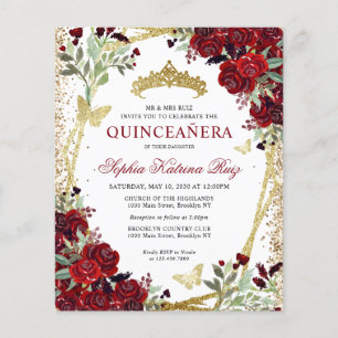 Cheap Floral Burgundy Gold Quinceañera Invite Flyer