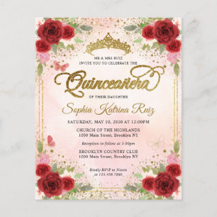 Cheap Floral Burgundy Pink Gold Tiara Quinceañera Flyer
