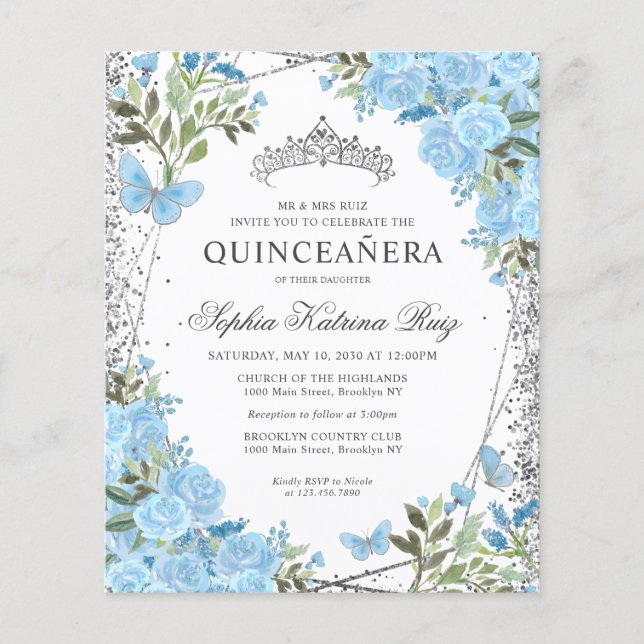 Cheap Floral Dusty Blue Silver Quinceañera Invite Flyer (Front)
